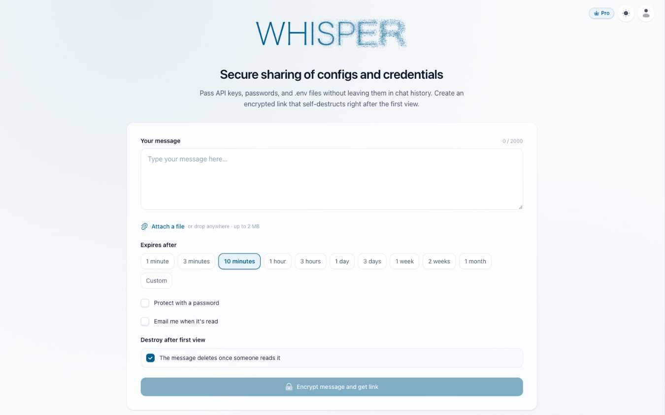 Whisper web app: form to create an encrypted, self-destructing secret link